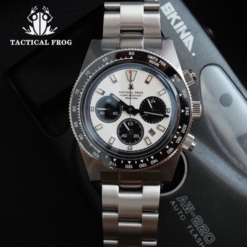 Tactical Frog Men\'s Chronograph Watch VS75 Solar Quartz Movement Waterproof Date Sapphire Crystal C3 Luminous Quartz Wristwatch