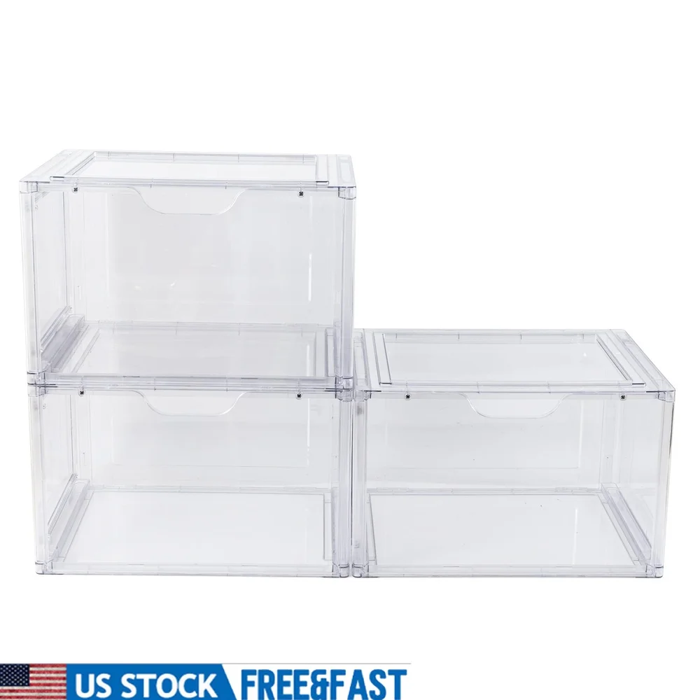 

3 Pack Stackable Clear Plastic Shoe Organizer Durable PET Material Easy Assembly Modular Design Home Storage
