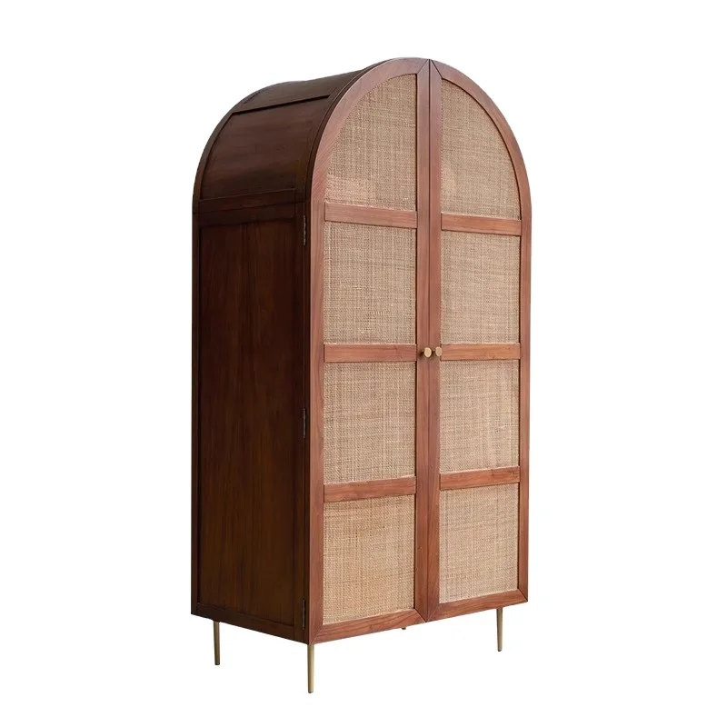

American Solid Wood Rattan Wardrobe Bedroom Home Vintage Storage Vaulted Dome Double Door Large Cabinet