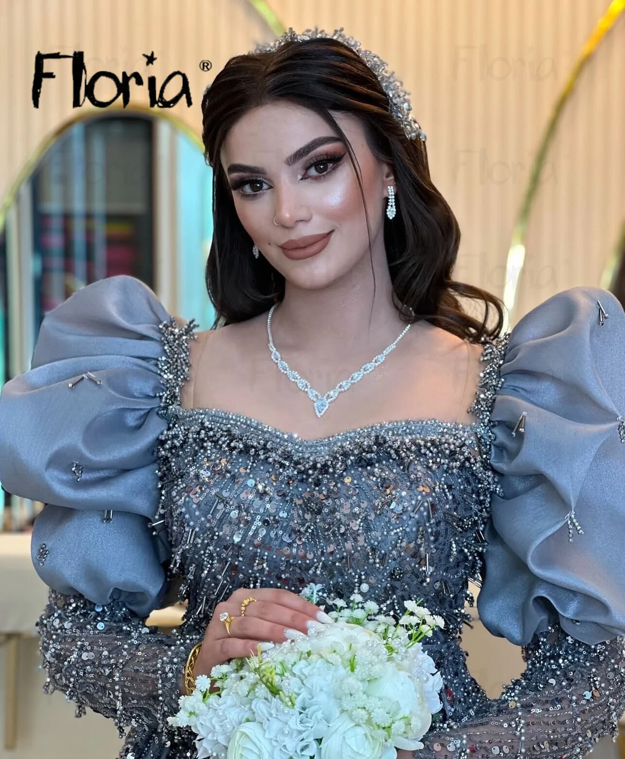 Satin Gray Prom Dress With Overskirt Puffy Sleeve Mother of Bride Long Evening Dress Beading Wedding Guest Event Gown Customize