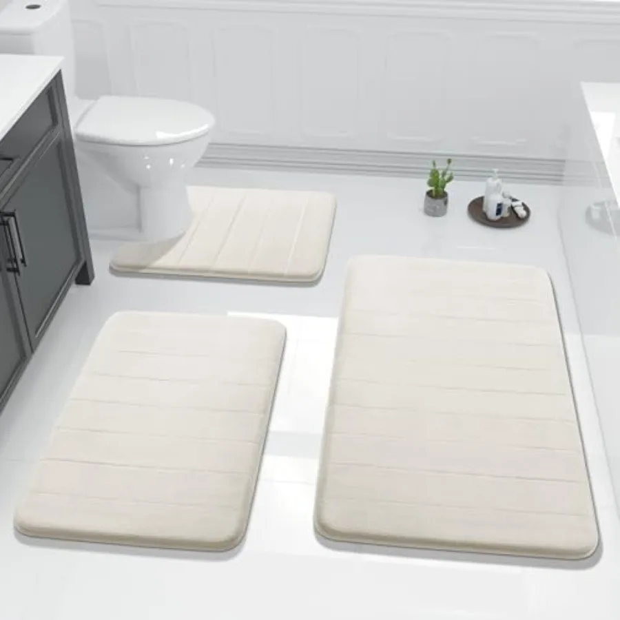 

3 Pieces Memory Foam Bath Mat Set with U-Shaped Toilet Rug - Non Slip Super Soft Absorbent Quick Dry Bathroom Rugs for Bathtub