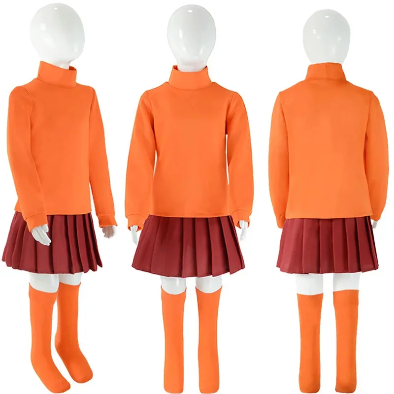 

asdh8@Velma Cosplay Costume Kids Women Disguise Fantasia Outfits Children Roleplay Dress Up Uniform Glasses Halloween Party Suit