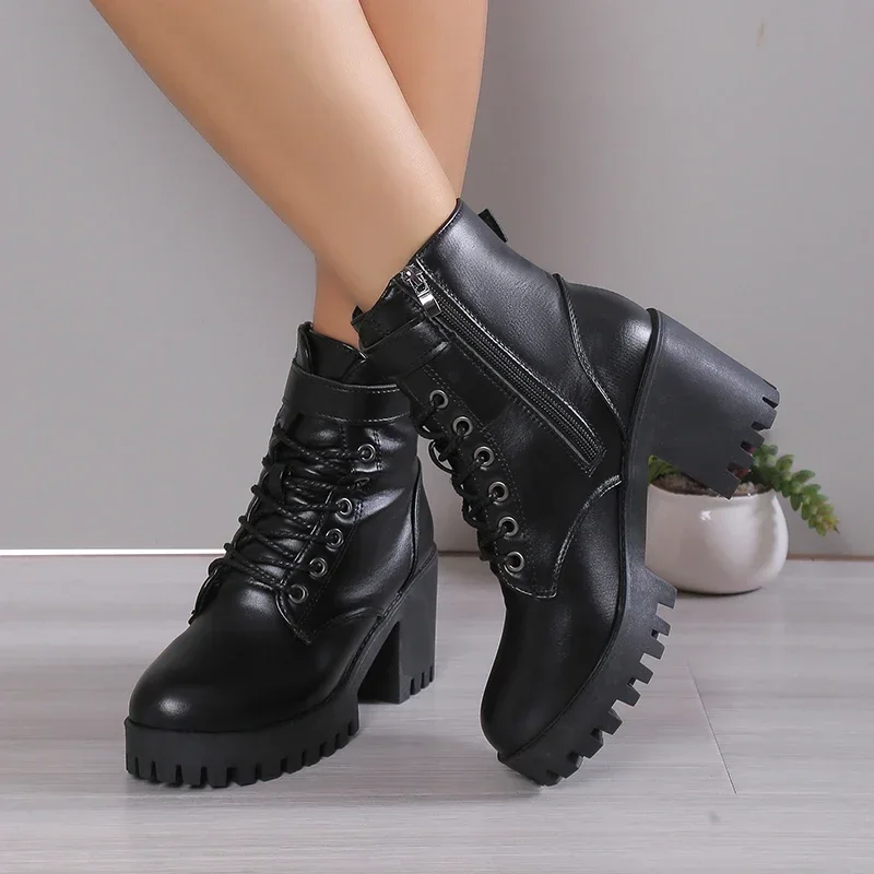 Römischen Neue Winter Sexy Einzigen Mode Stiefel Zipper Runde Kappe Bequeme und Elegante Quadratische Ferse Bankett Dicken sohlen stiefel Mujer