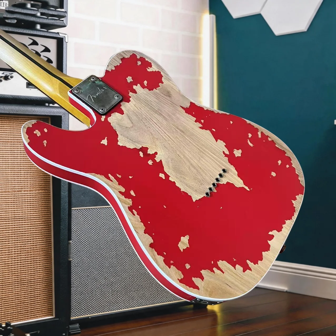 Heavy Make Old Bright Red TELE Electric Guitar Solid Two Single Coil Pickups White Double Layer Pickguard Vintage Aged