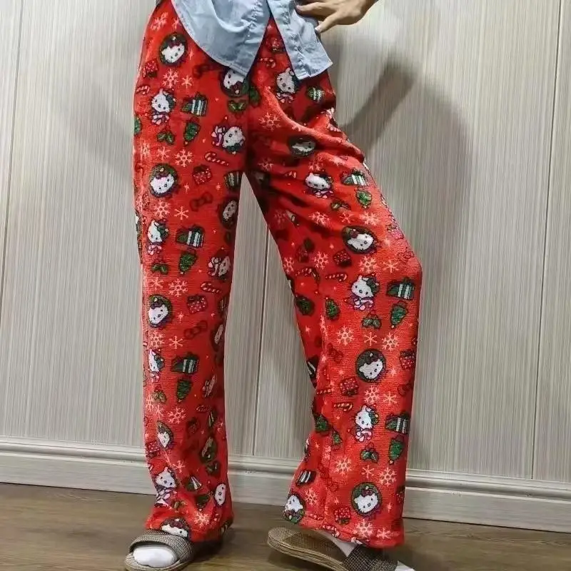 

Anime Christmas Hello Kitty Walking Bent Pants Sleepwear Hello Kitty Y2K Winter Plush Pajama Pants Home Pants Winter Pajama Pant