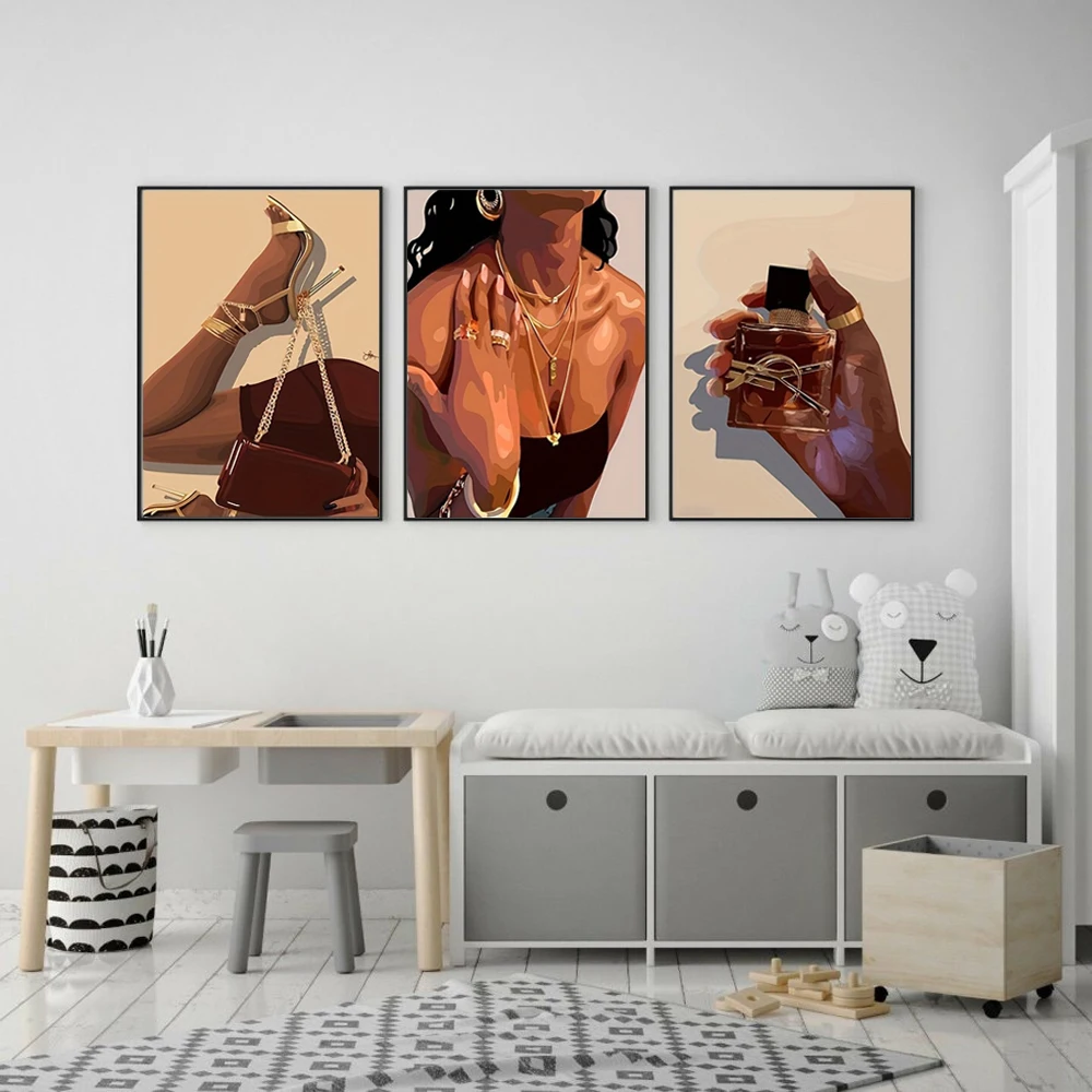 3PCS/Sets Black Girls Art Posters Canvas Painting Fashion Bag Jewelry Perfume Pictures and Prints Wall Art for Bedroom Decor