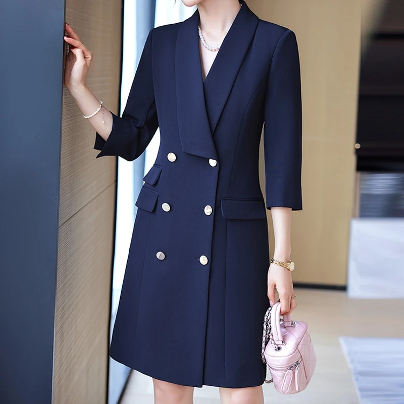 

Deep Blue Suit Dress Women's New Spring Beauty Salon Gold Store Workwear Dress Skin Management Staff Uniform Polyester Fiber