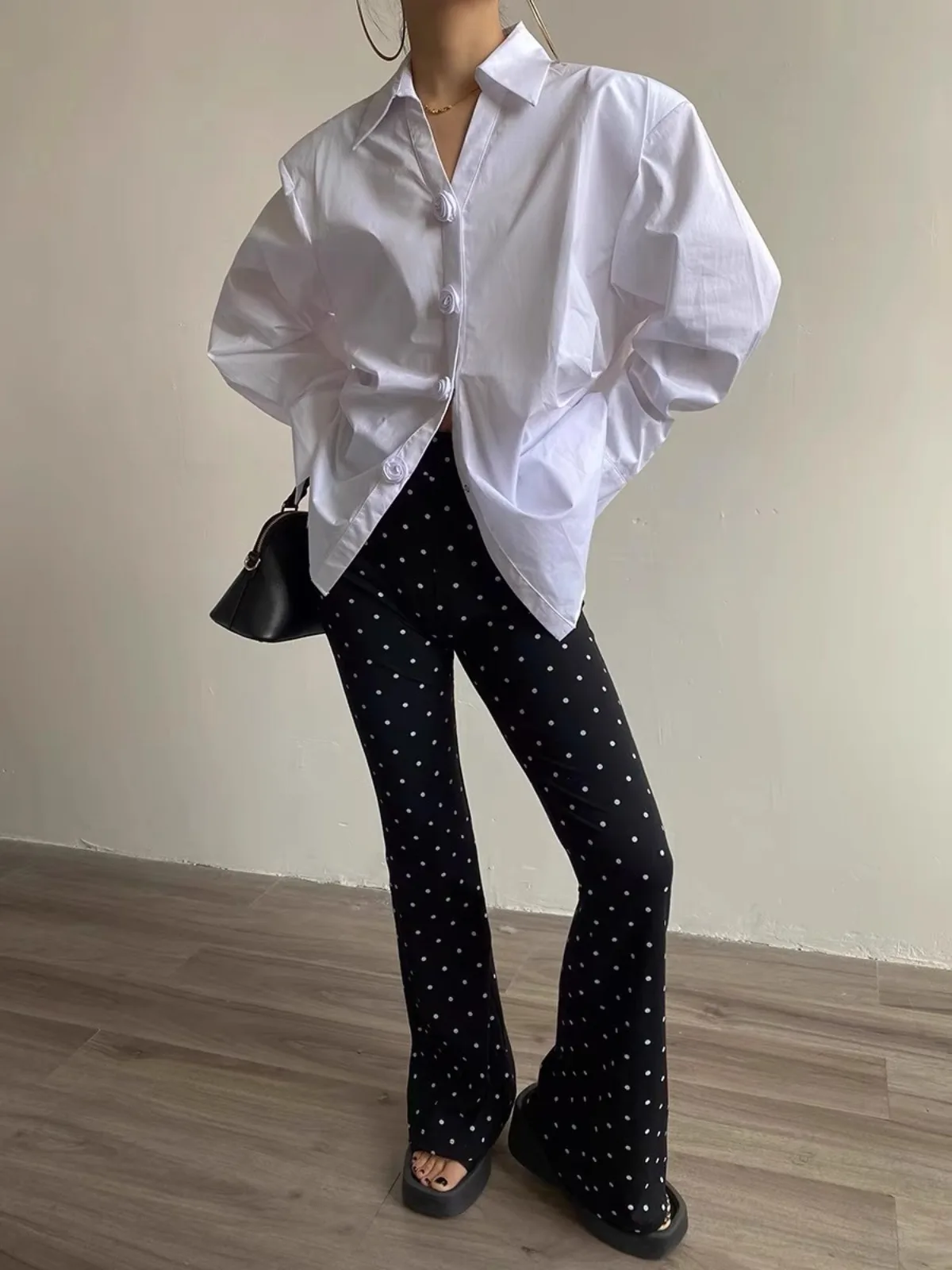 Casual Thin Minimalist Style Women Black Polka Dots High Waist Fashion  Wide Leg Pants 2025 Summer Vintage Solid Color Female