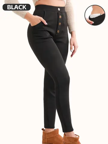 【Winter Style】High - Waist Buttoned Fleece - Lined Leggings for Women, Black, Slim Fit & Warm
