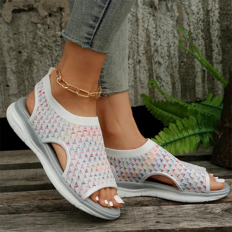 Summer New Women Sandals Knitted Flat Bottom Elastic Knit Shoes Lightweight Soft Sole Anti Slip Casual Sports Sandals Size 43