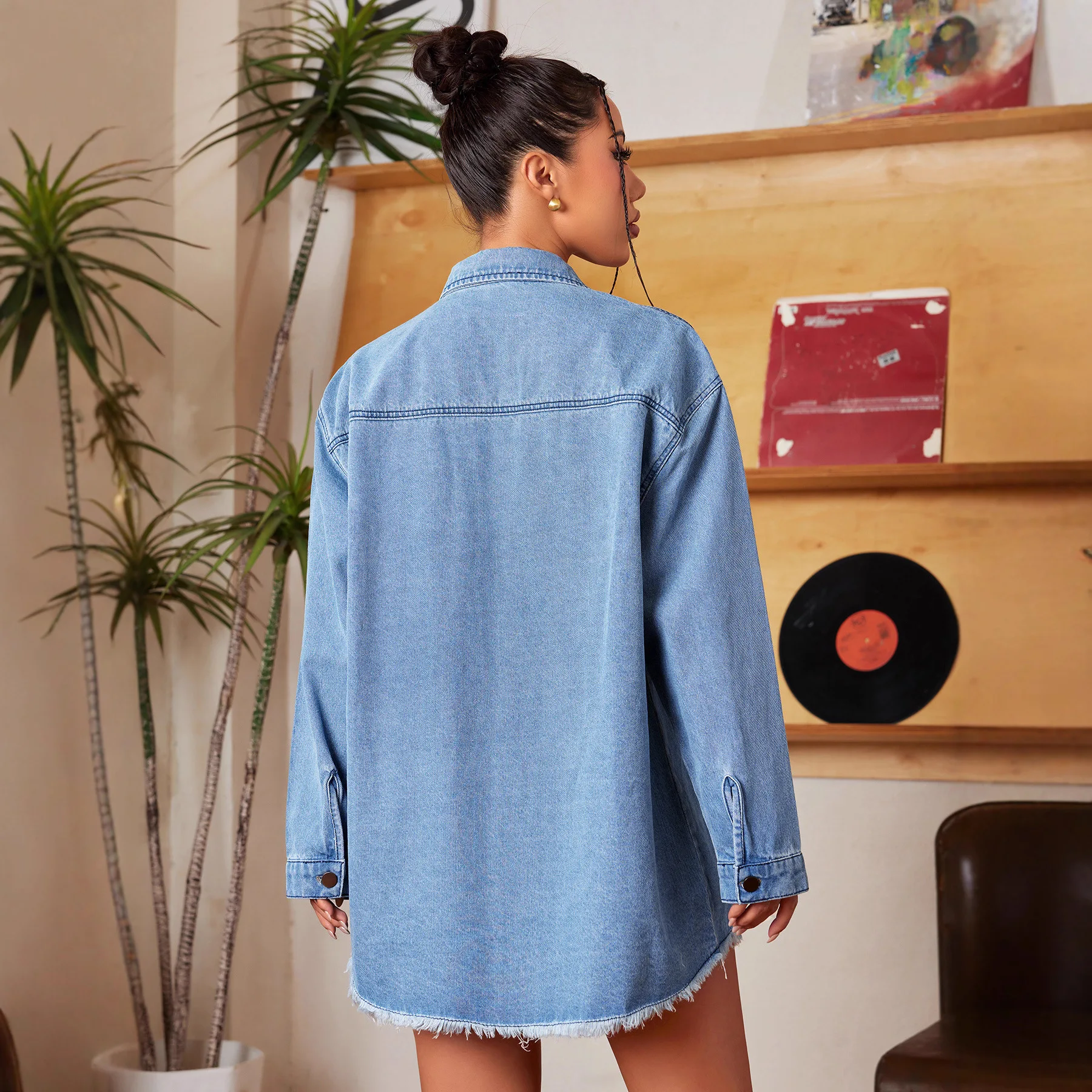Women Light Color Thin Denim Long Sleeve Shirt Casual Loose Slim Fit Blouse Top For Daily Washed Frayed Denim Fashion Streetwear