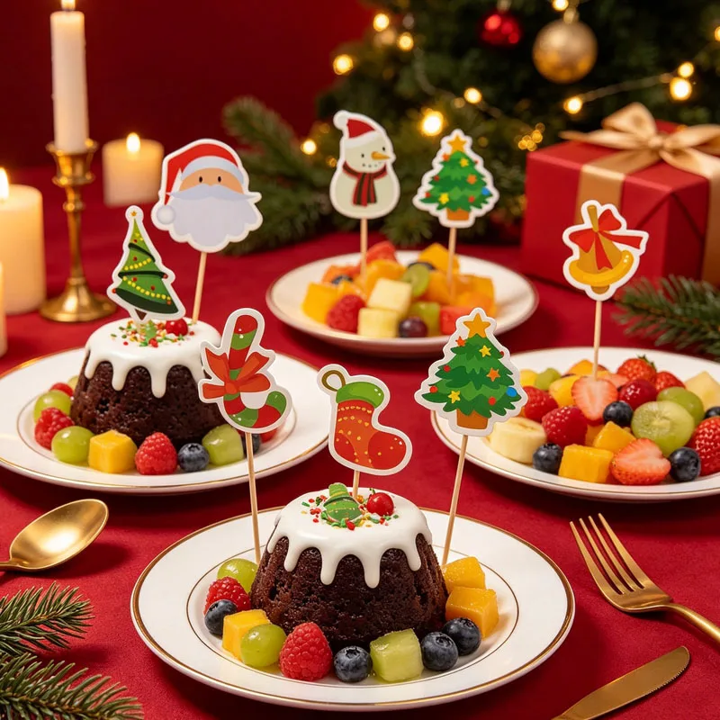 10-200PCS Christmas Cake Picks Santa Snowman Tree Disposable Fruit Decor for Party Dessert Cupcake Buffet Table Decoration
