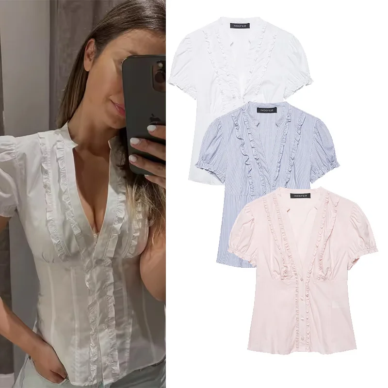 

Women's Simple Shirt with Ruffles New Spring Vintage V neck Women Short Puffed Sleeve Women Shirts & Blouses Solid Lady Tops