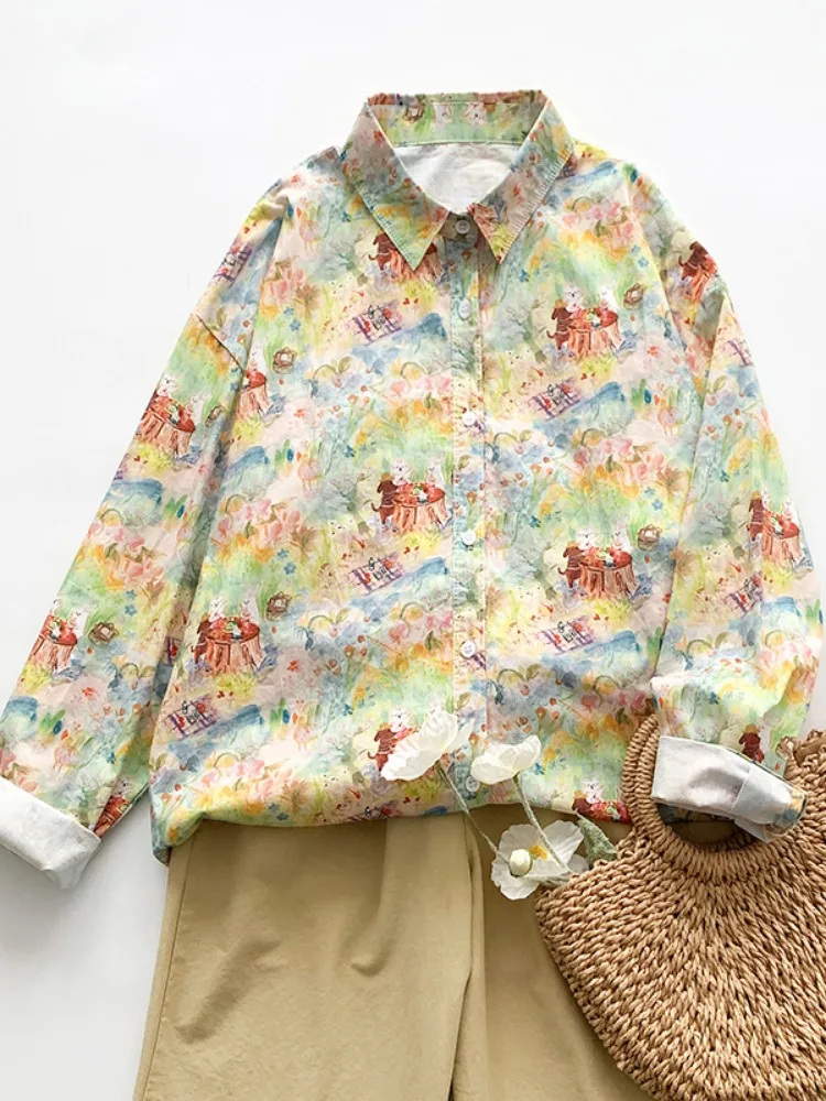 Hand-Painted Style Long Sleeve Pure Cotton Shirt Women's Autumn plus Size Slimming Printed Casual Loose Fit Fashionable Top