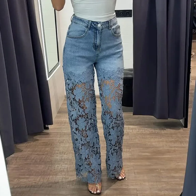 

High Waist Lace Women's Jeans Solid Color Patch Slim Fit Button Long Pants Minimalist Elegant Fashion Office Lady Wear
