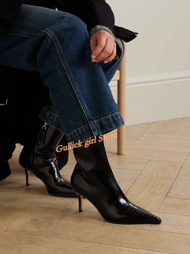 Black Stone Pattern Ankle Booties Side Zipper Stiletto Thin High Heel Runway Fashion 2024 Autumn Winter Women  Dress Booties