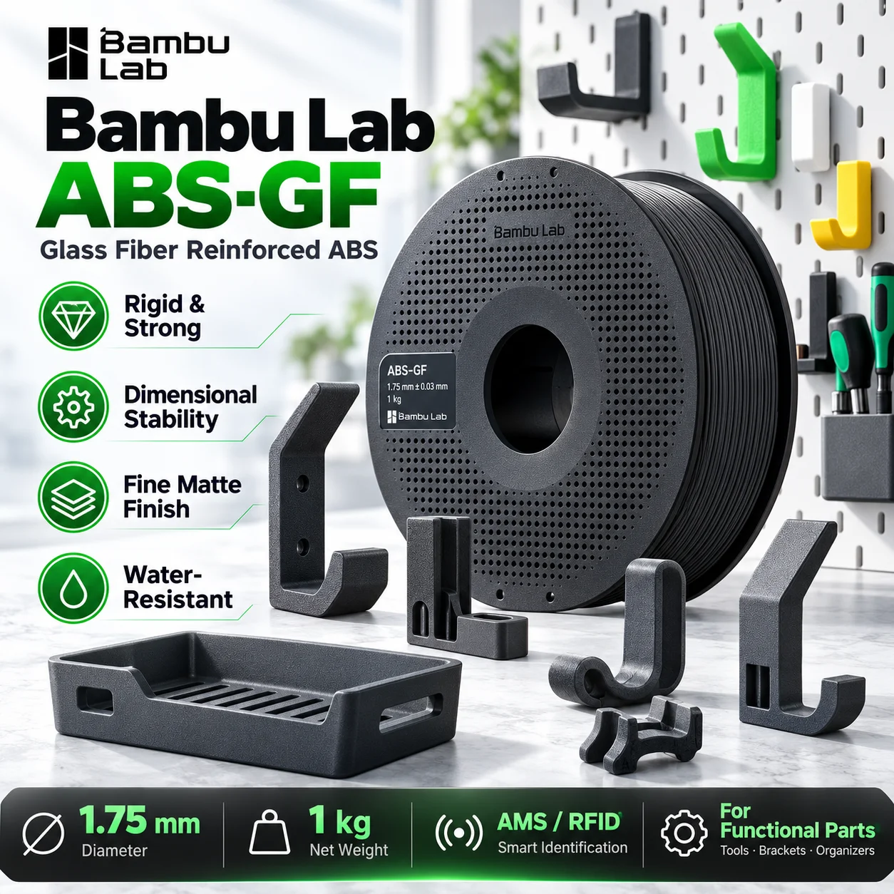 Bambu Lab ABS-GF Glass Fiber Reinforced Filament 1.75mm 1kg Strong ABS Material for Functional Parts Mechanical Models