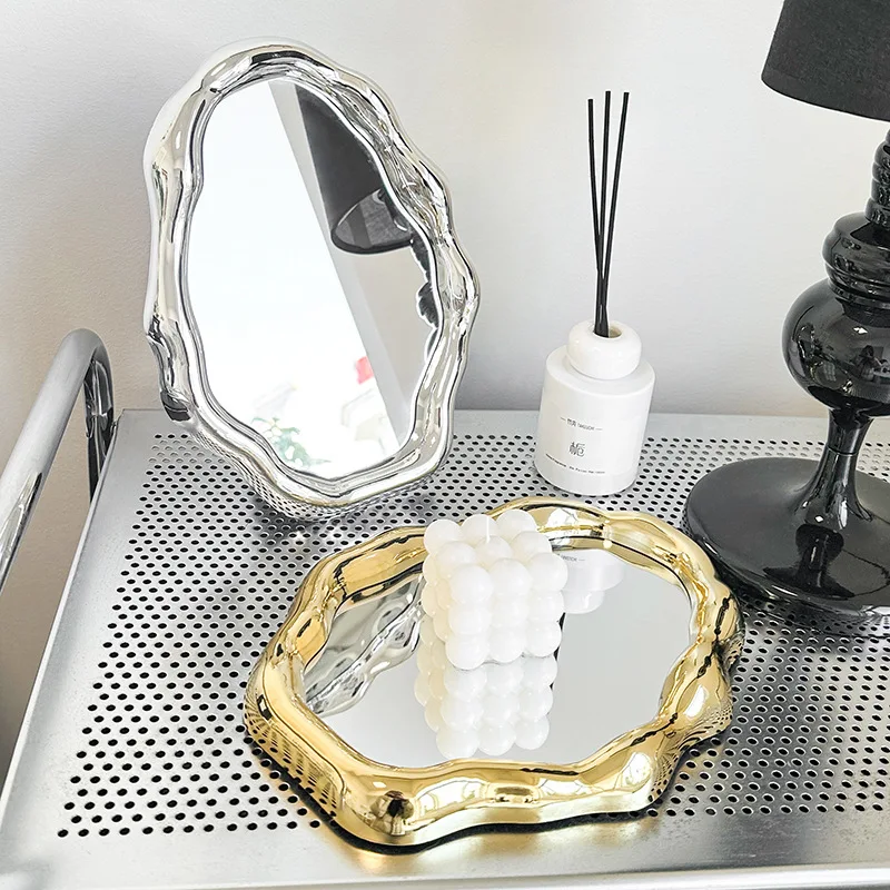 Korean Luxury Electroplate Mirror Figurines Silver Mirror Desktop Mirror Makeup Mirror for Bathroom Living Room Study Home Decor