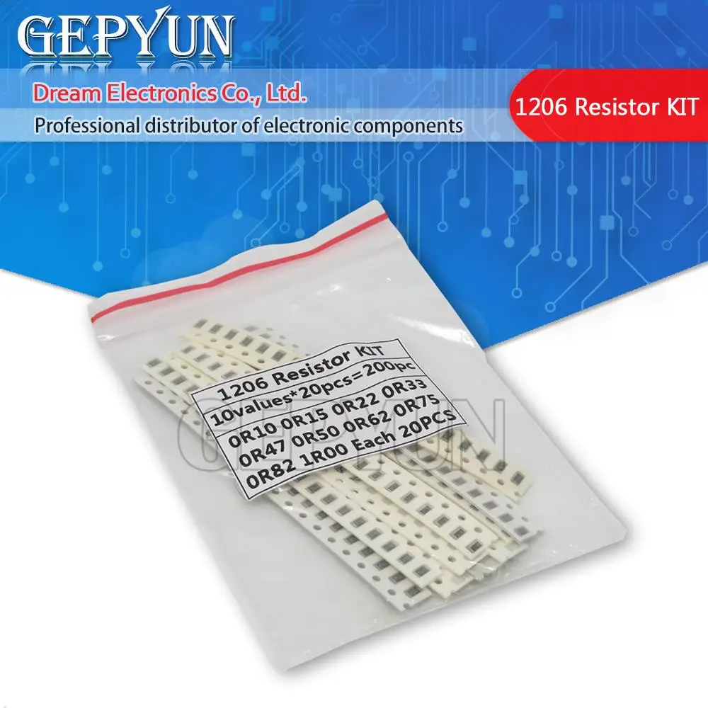 200PCS 1% 1206 SMD resistors assorted kit set ,10 valueX20pcs=200pcs 1R00 R820 R750 R620 R500 R470 R330 R220 R150 R100