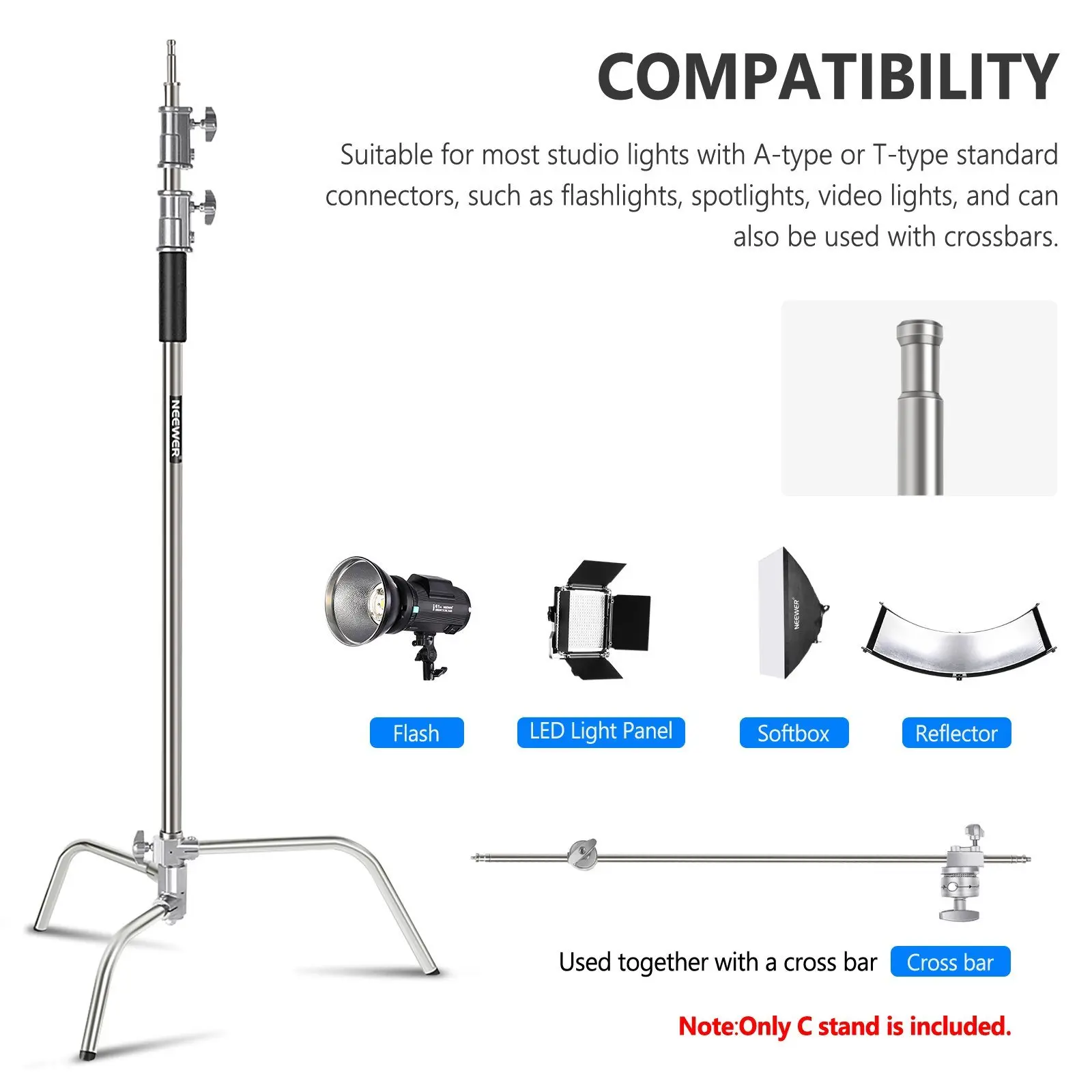 Light Stand with Removable Base Adjustable Heavy Duty C Light Stand for Moonlight Video Lights Load Capacity 44 lbs/20 kg
