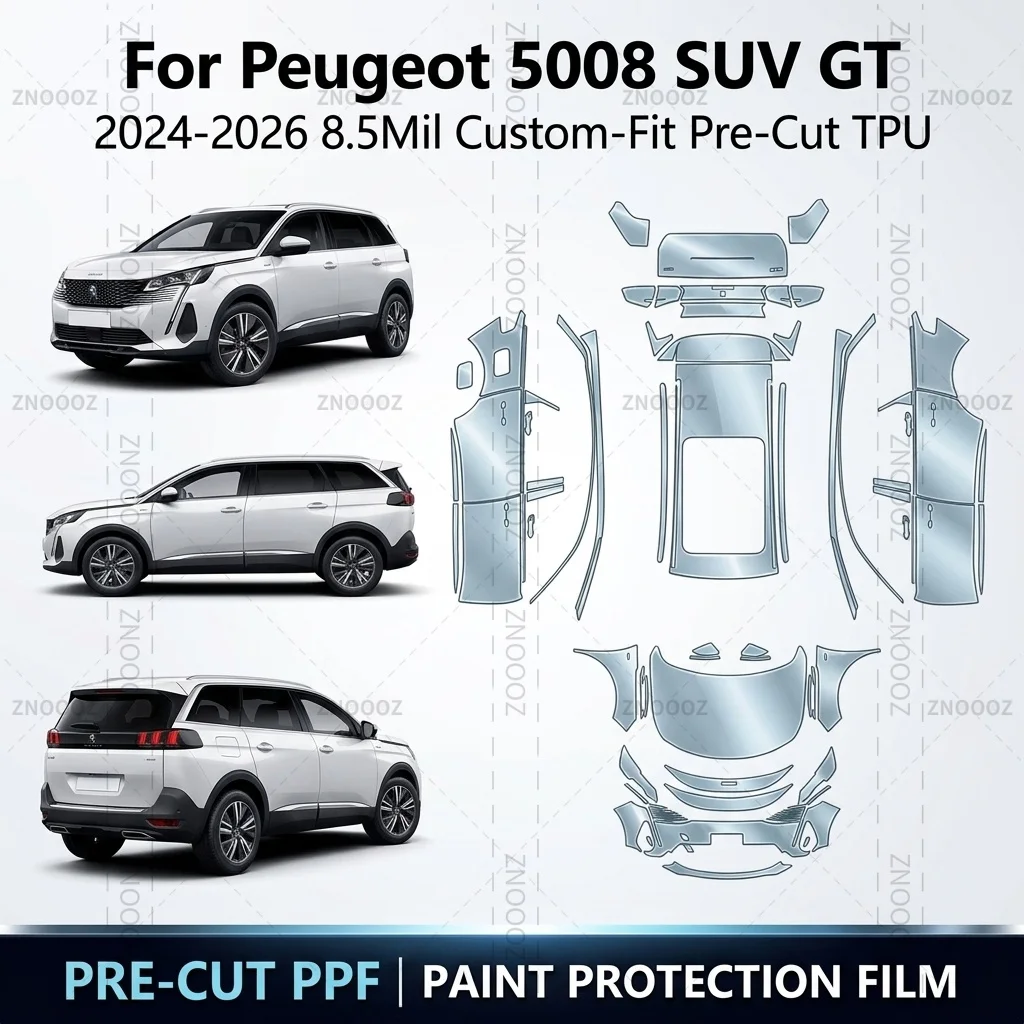 Für Peugeot 5008 SUV GT 2024-2026 8,5mil maßgeschneiderte, vorgeschnittene TPU PPF Lackschutzfolie für das gesamte Fahrzeug, glänzend klar oder matt schwarz