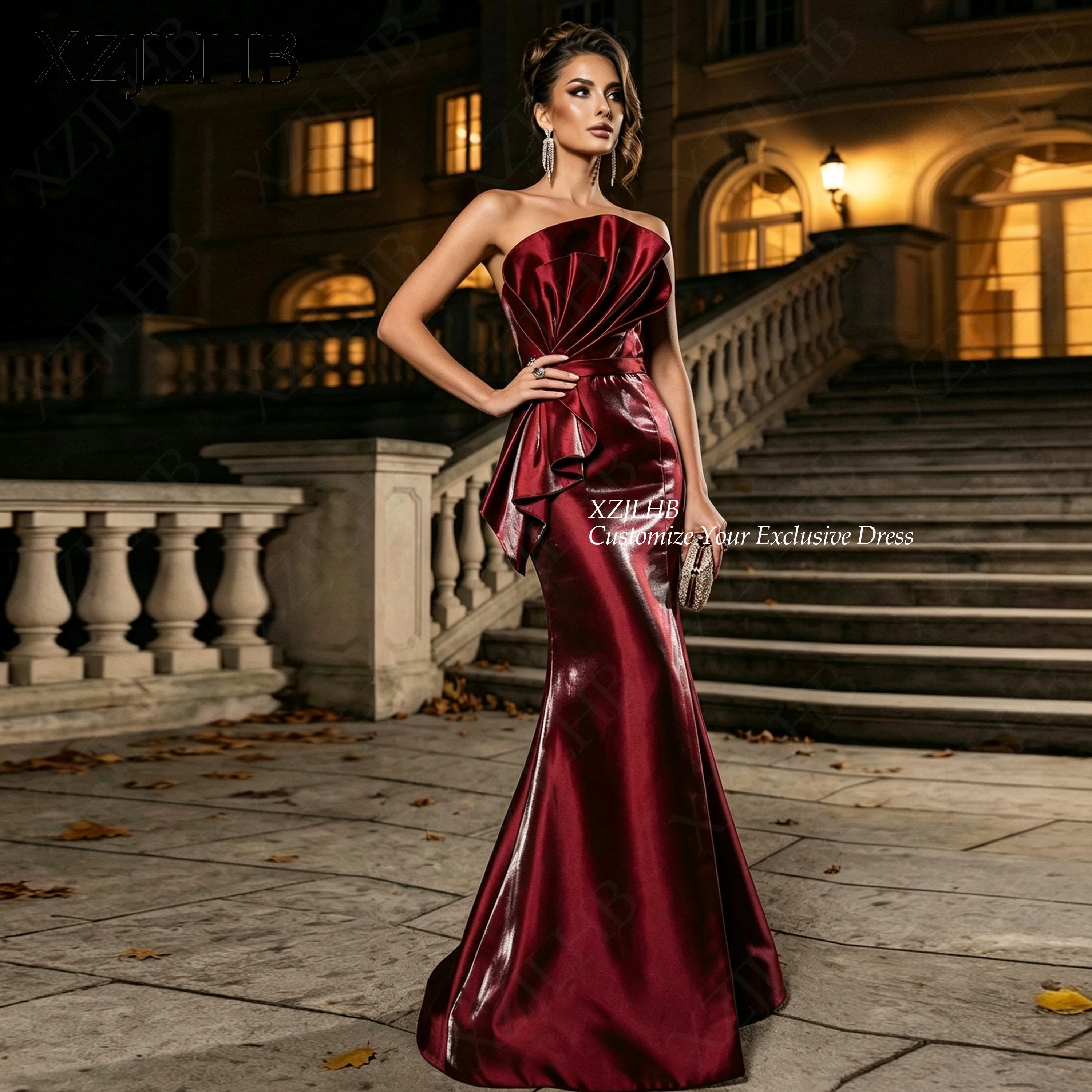 XZJLHB Custom Made Satin 2026 Evening Dresses Strapless Scalloped فساتين سهرة Mermaid Sleeveless Backless Sexy Formal Prom Gowns