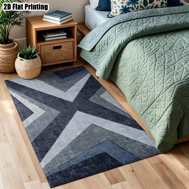 Large Indoor Area Rug, Soft Velvet Low Pile Machine Washable, Modern Geometric Pattern in Navy & Gray, Great for Living Room, Bedroom, Indoor Decor