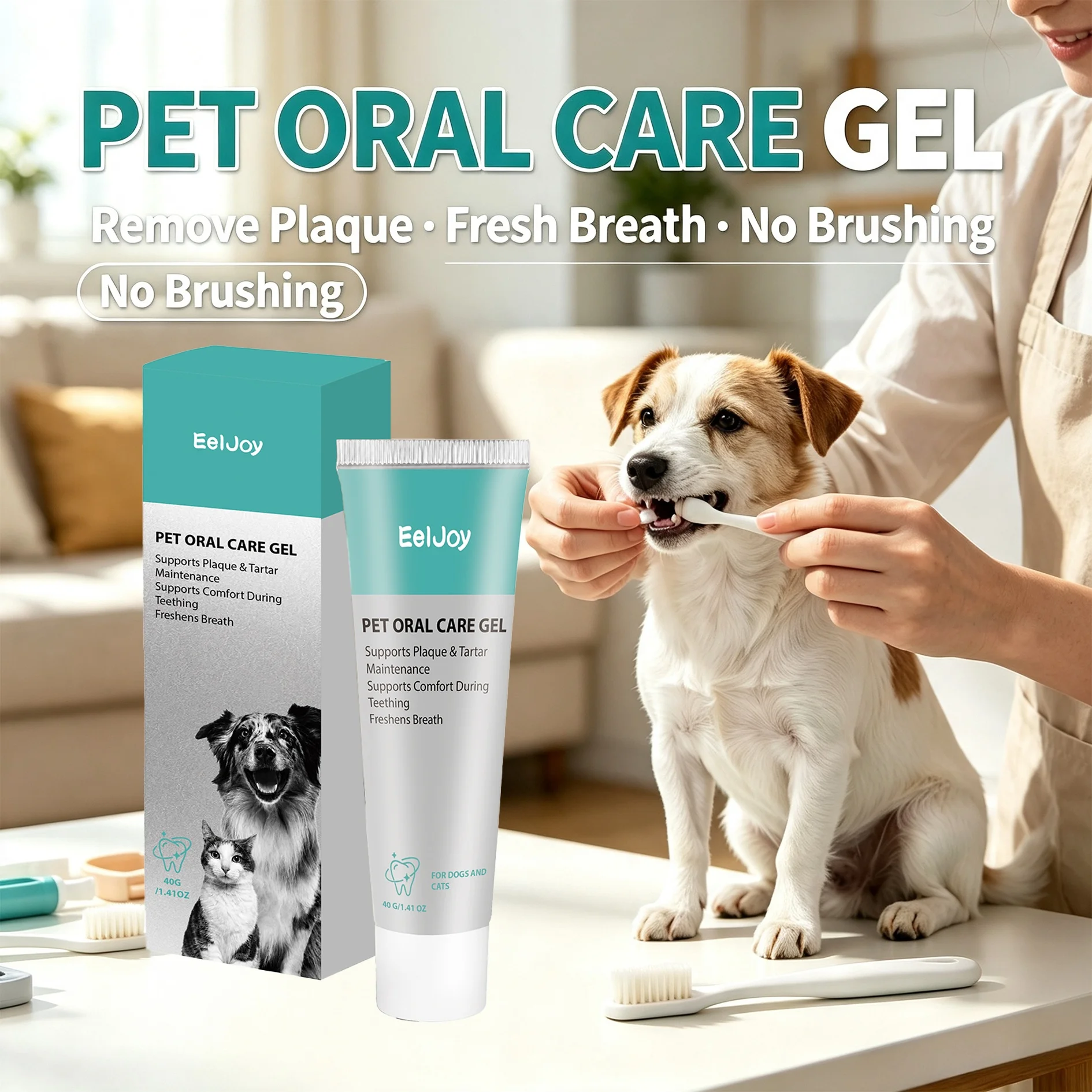 EelJoy Pet Oral Care Gel No Brushing Dog Cat Toothpaste Remove Plaque Tartar Stains Fresh Breath Gentle Pet Teeth Cleaning Gel