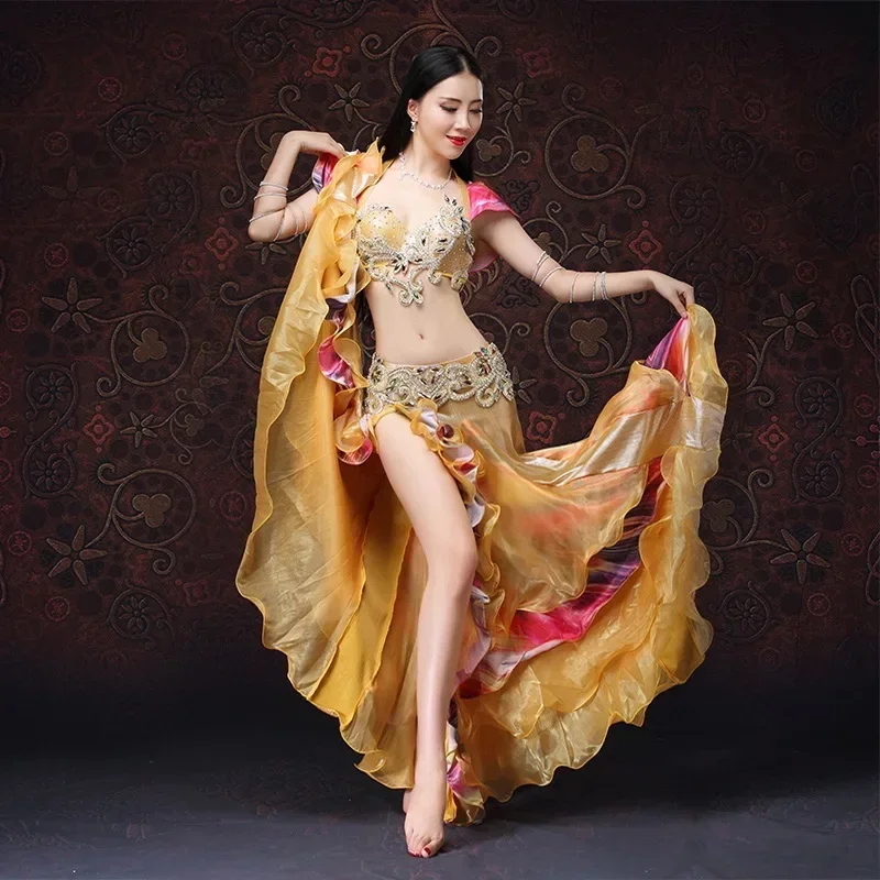 Women\'s Belly Dance Costume With Push Up Bra 2 Pieces Bra Belt Oriental Dance Costume Golden S-XL