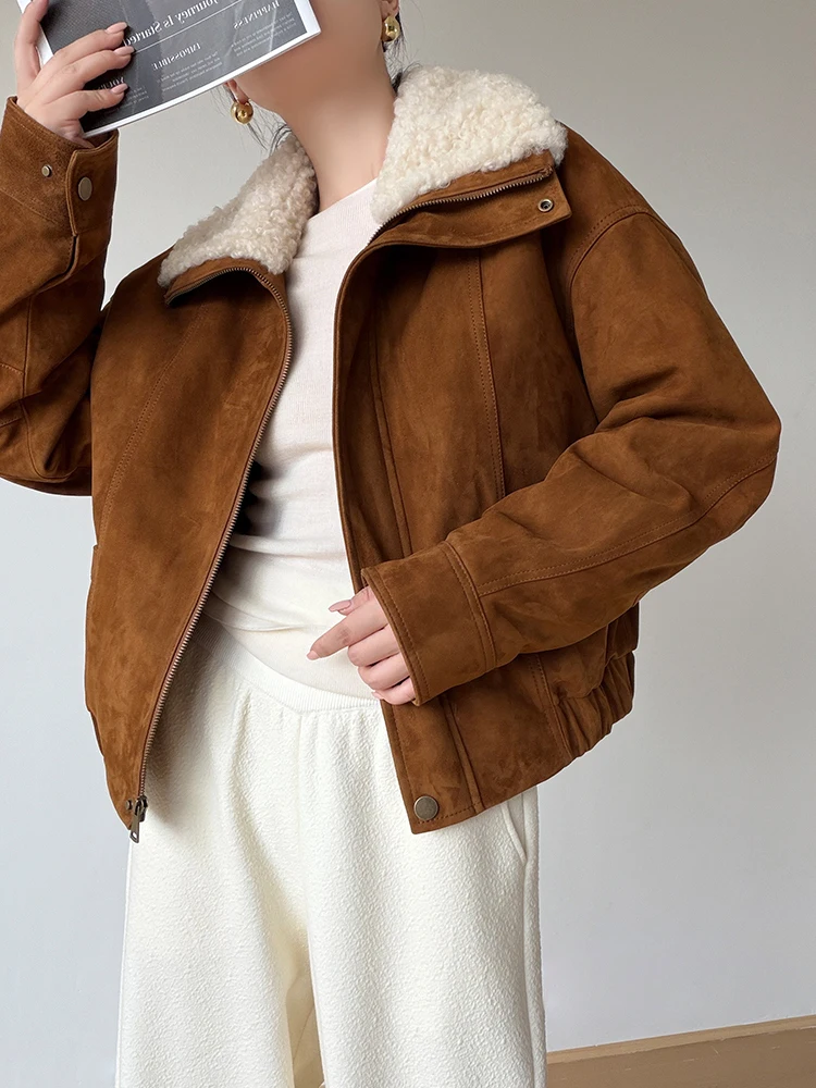 Krótkie kurtki zimowe damskie z prawdziwej skóry vintage, zamszowe, wysokiej jakości, proste, z naturalnym kołnierzem z wełny jagnięcej, prawdziwa skóra kozia, płaszcz z puchem gęsim.