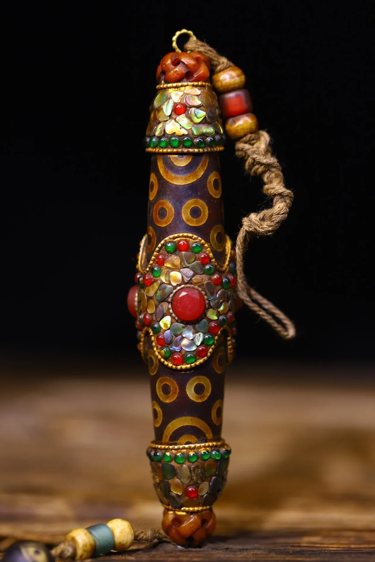 

6"Tibetan Temple Collection Natural Agate Cinnabar Mosaic Gem gZi Beads Shell Buddha Beads Pendant Amulet Town house Exorcism