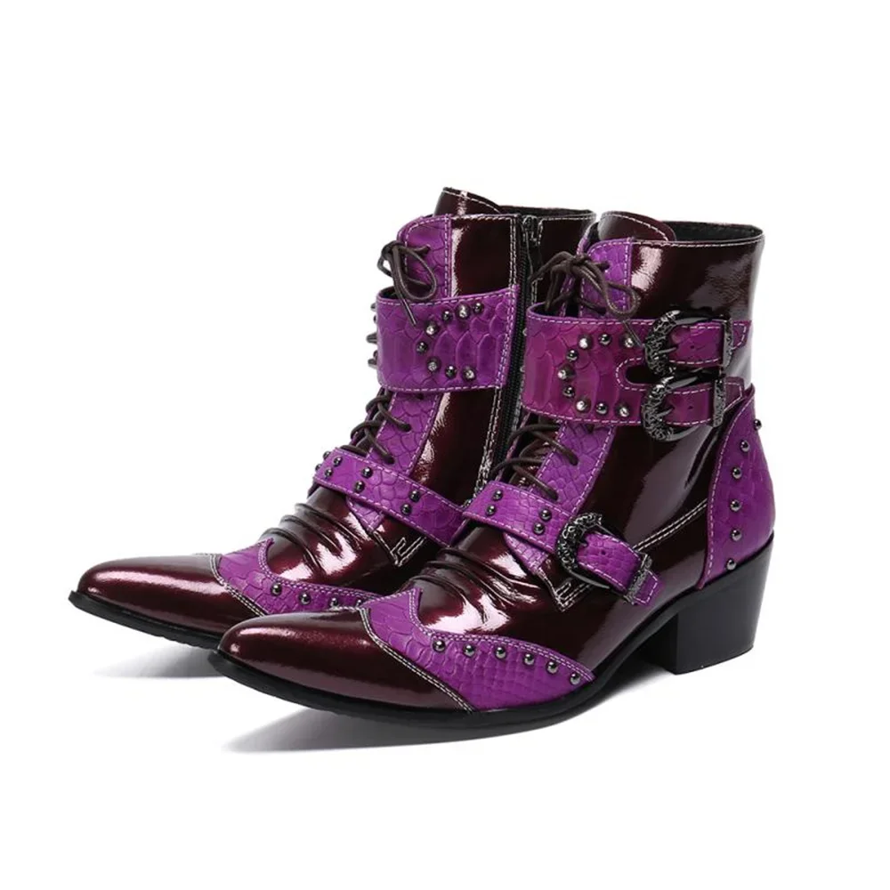 

Purple Patent Leather High Heels Pointed Toe Lace-Up Bead Buckle Boots Male Plus Size Fashion Party Cowboy Dress Shoes