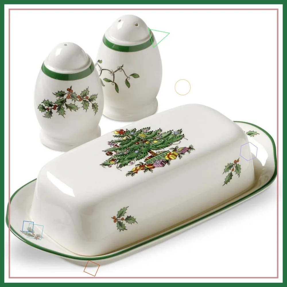 

Christmas Tree 3-Piece Hostess Set: Butter Dish with Lid, Salt & Pepper Shakers - Festive Earthenware for Holiday Entertaining