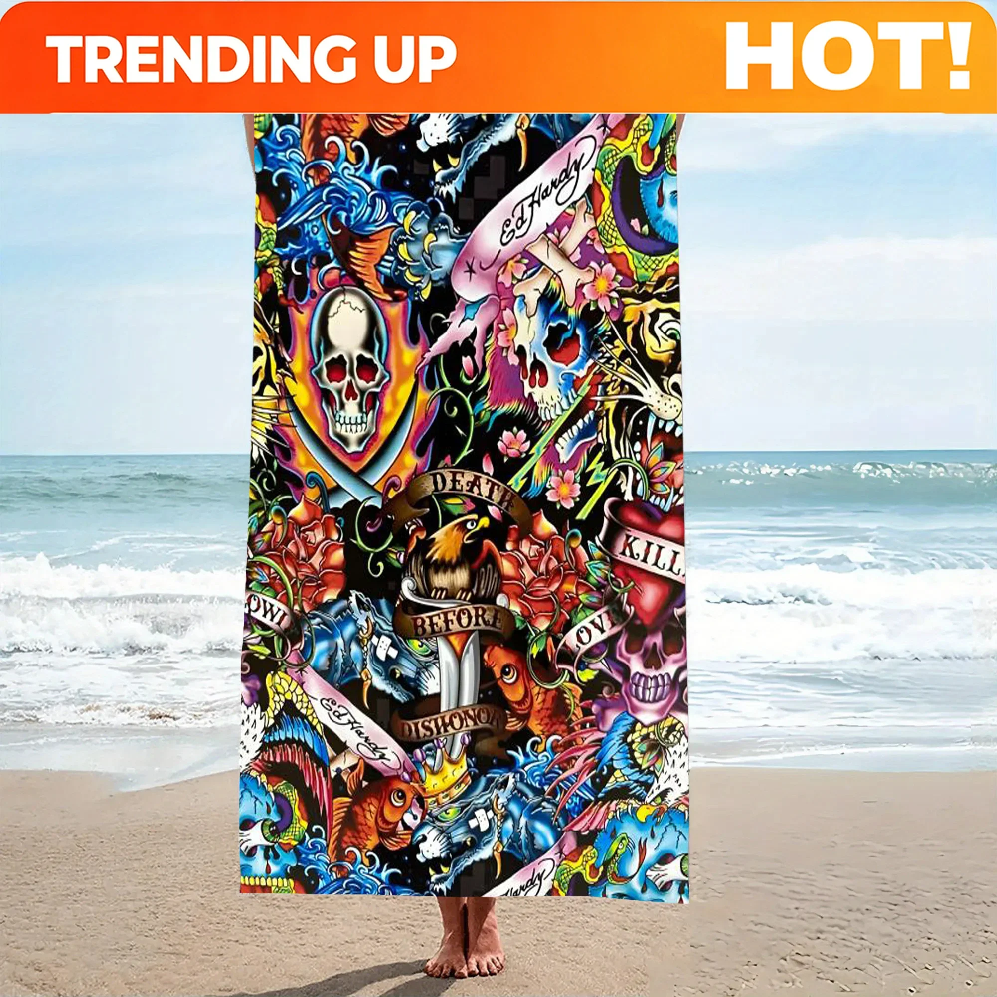 Custom Ed Hardy Vintage Beach Towel Microfiber Quick Dry Streetwear Bath Towel For Pool Beach Travel Tattoo Lovers Gift