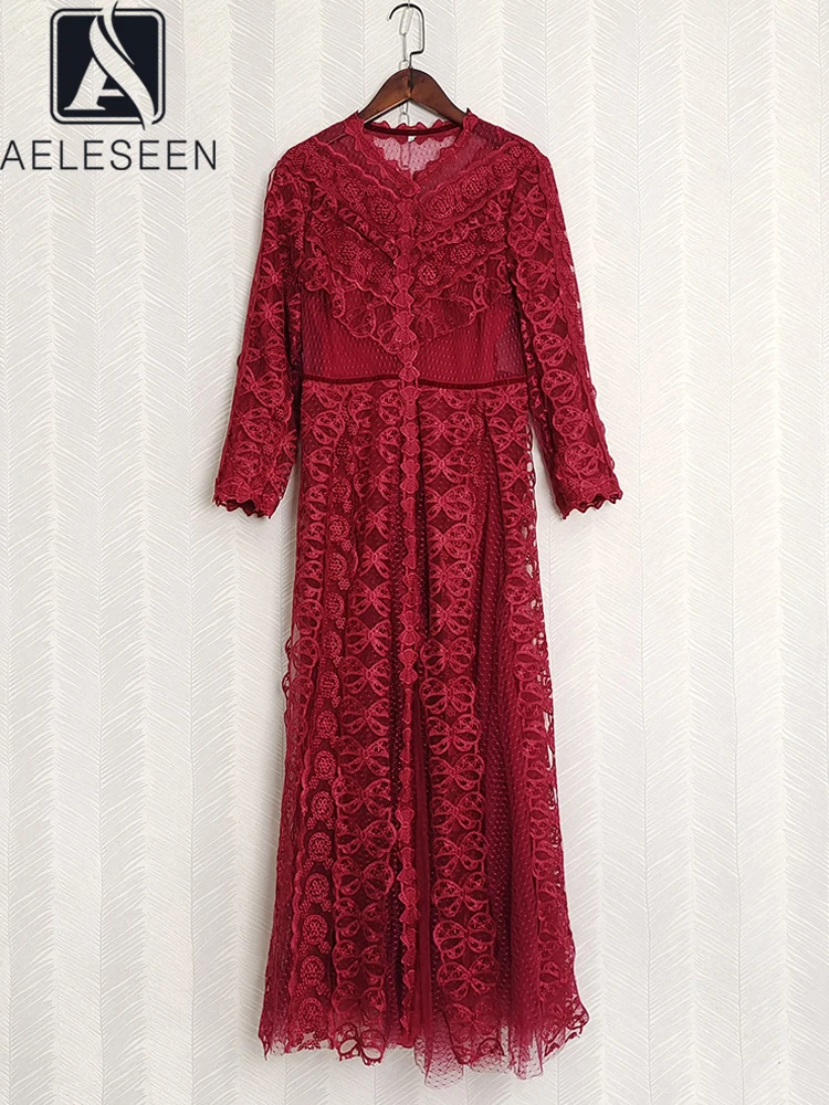 

AELESEEN High Quality Fashion Women Lace Dress Spring Summer Flower Embroidery Wine Beige Ruffles Elegant Long Party Holiday