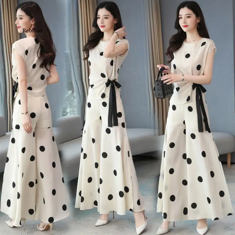 

Women's Chiffon Wide Leg Pants Skirt Suit Polka Dot For Women Sport Summer Top New Foreign Fashion Two Piece Clothing Set