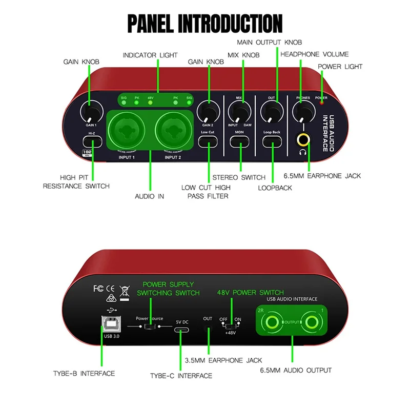 

A06F-Professional 24Bit 192Khz Audio Interface 2 Input Sound Card For Electric Guitar External Studio PC Recording Tuner