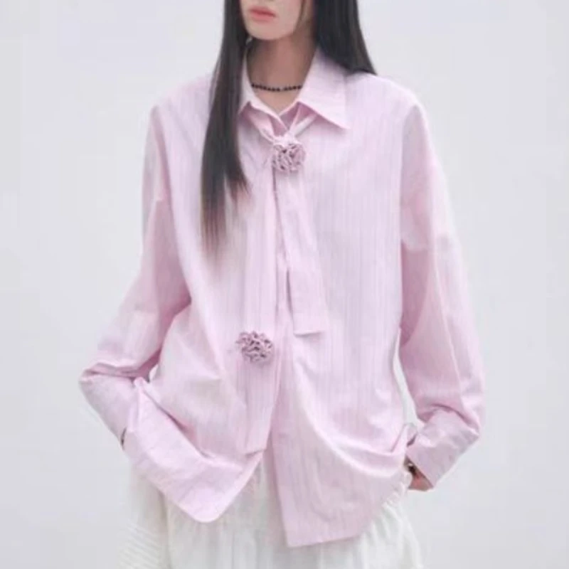 

Three-dimensional High-end Loose Striped Shirt for Women Dopamine Long-sleeved Spring and Autumn New Niche Cardigan Top