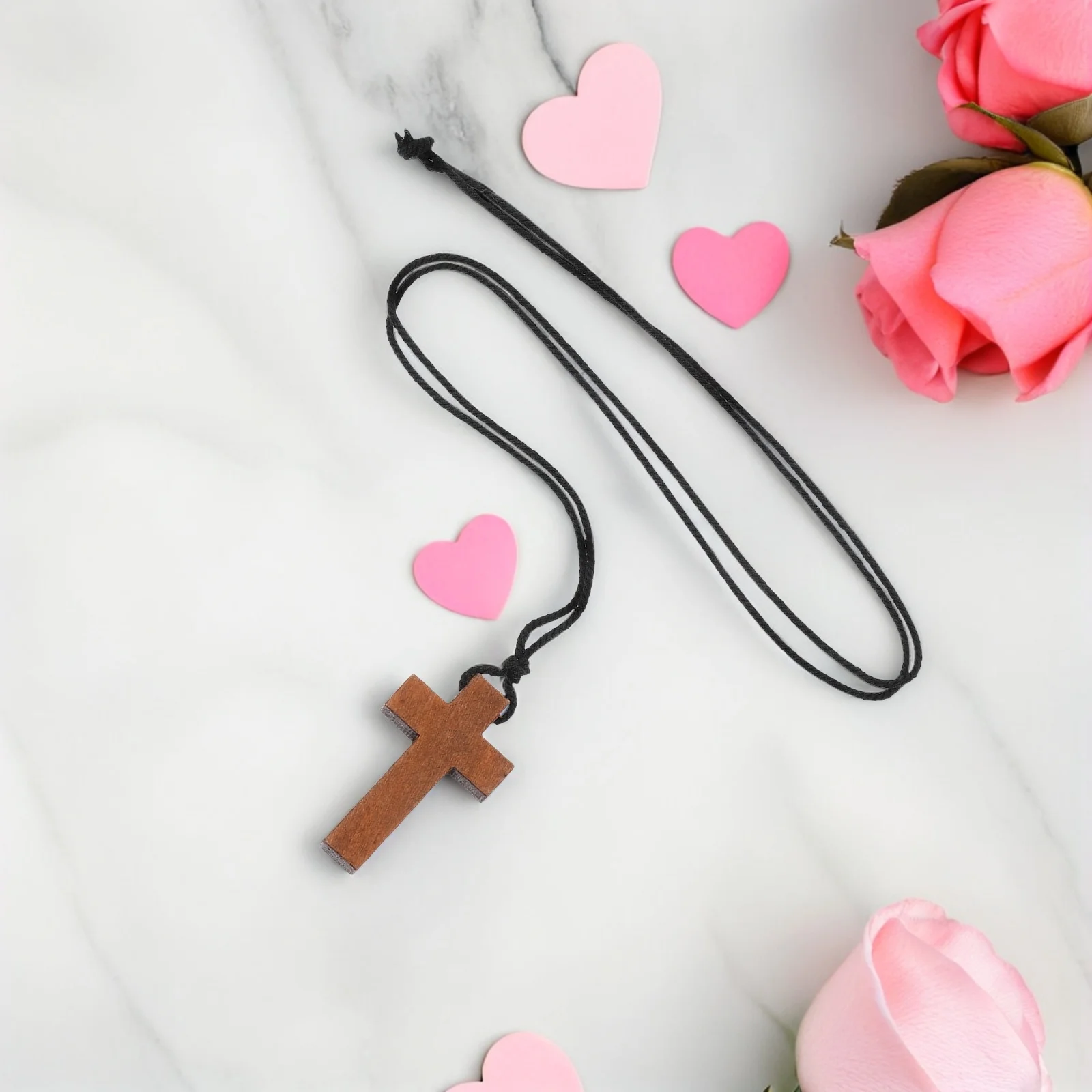 

Wood Cross Pendant Necklace Wooden Hand Carved Crucifix Charm Adjustable Cord Sweater Chain Religious Jewelry Daily Wear Party