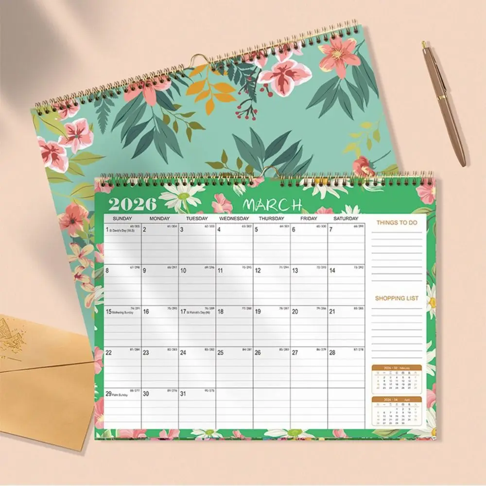 English Version 2026 Wall Calendar Large Date Blocks Floral Design Monthly Planner Vertical Display Thick Paper
