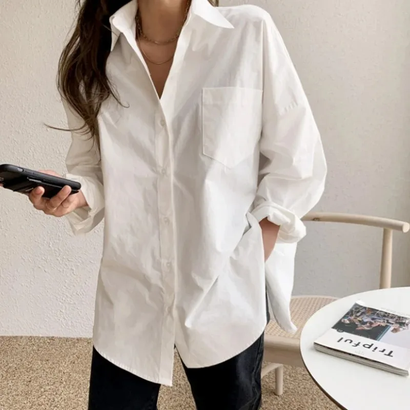 Office Lady Elegant White Casual Loose Blouses Fashion New Cotton Long Sleeve Women Shirt Turndown Collar Tops