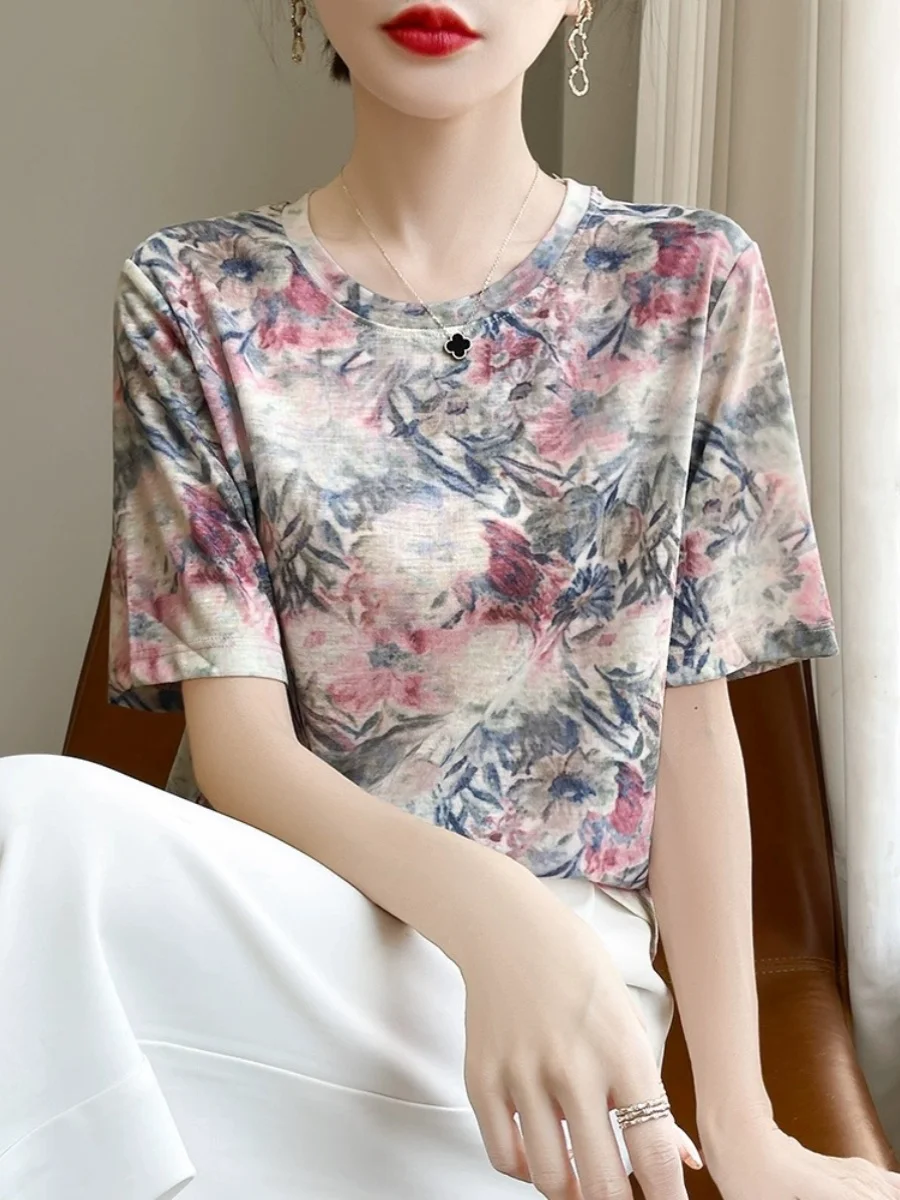 صيف جديد Faion طباعة جولة Ne ort Sve المرأة ليوسيل الحرير محبوك irt تصميم فريد من نوعه الإحساس أناقة