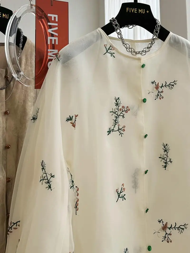 New Chinese style printed thin shirt for women's 2024 summer new sweet casual loose top  tops women