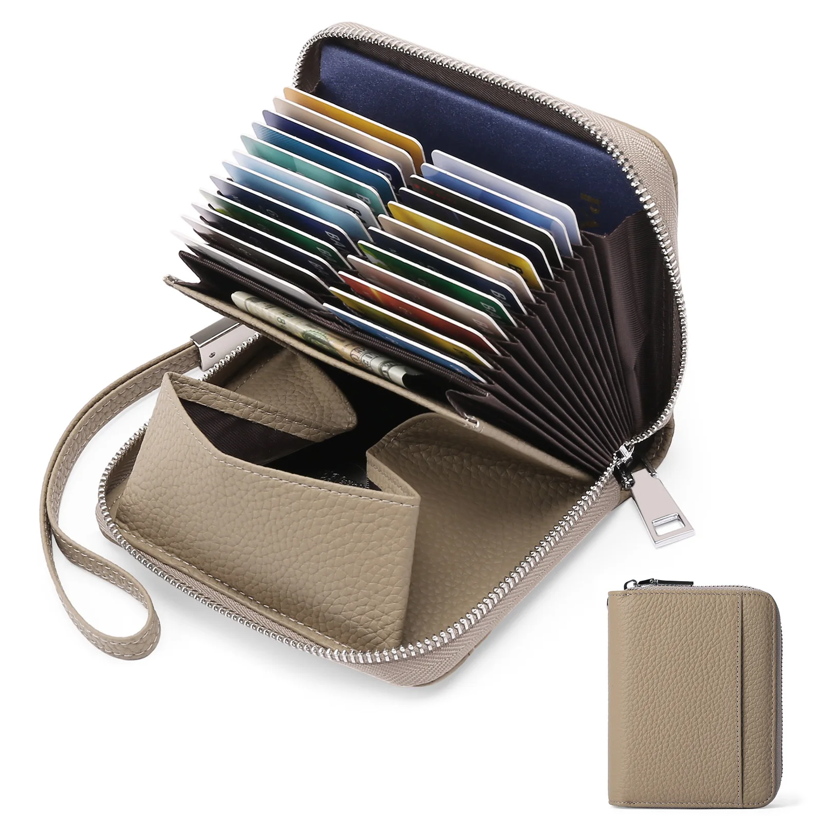 Genuine Leather Zipper Card Wallet with 24 Card Slots and Accordion Design