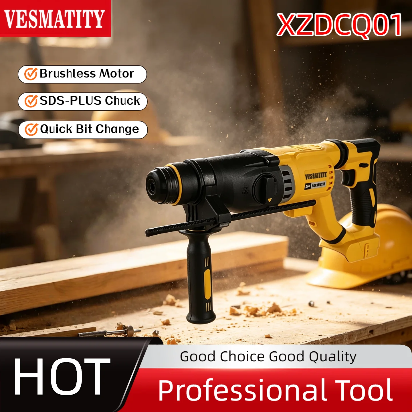 Vesmatity SDS PLUS D-Handle Rotary Electric Hammer Brushless Cordless Wall Concrete Drill Hole Tool for Dewalt 18V 20V Battery