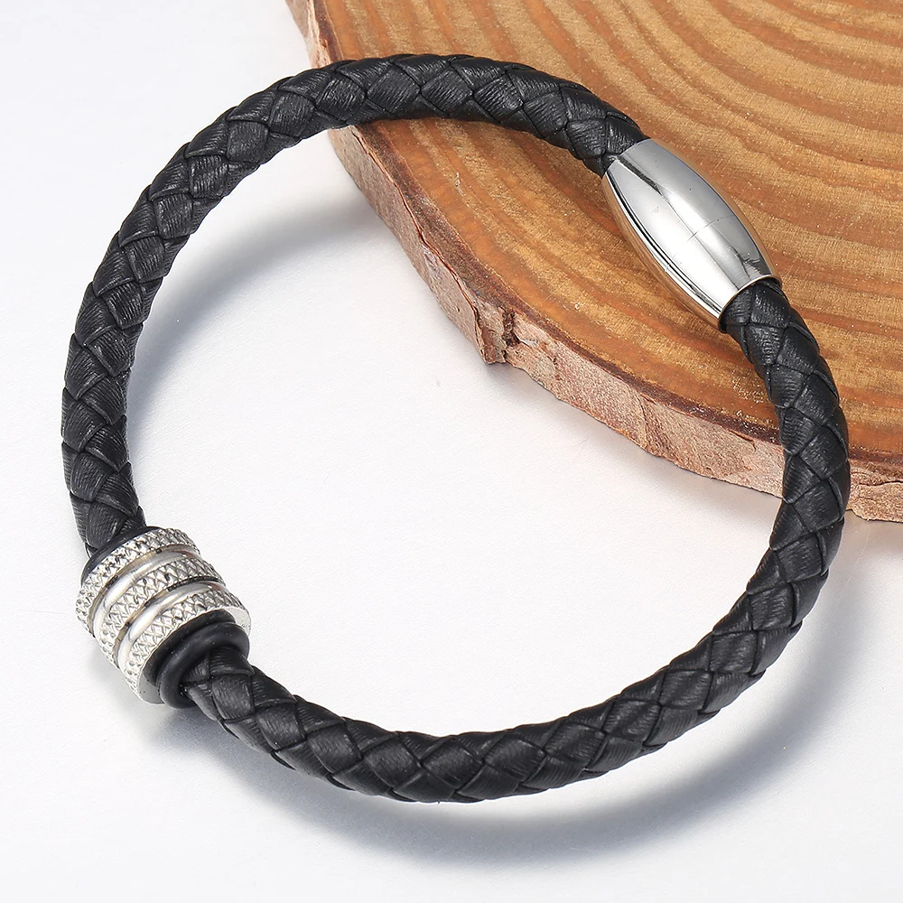

6mm Man-made Leather Bracelet For Men Boys Black Brown Color Magnetic Clasp Bead Charm Braided Rope Chain Bracelet Jewelry LB789