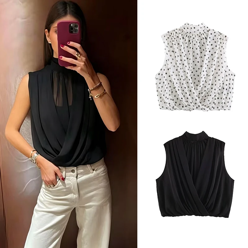 Summer New Women's Tops 2026 Fashion Beige Polka-dot Elegant Women's Holiday Blouse Summer Chic Street Travel Young Tank Tops