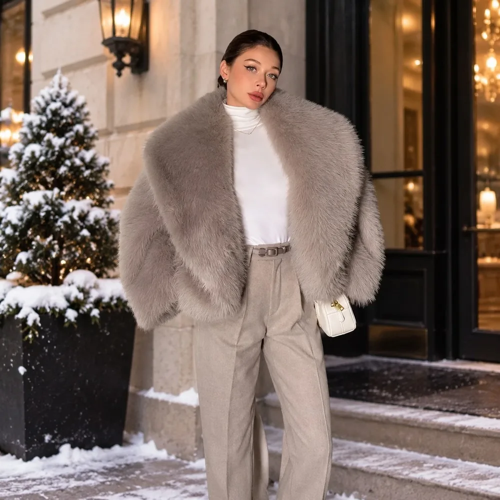 LURXURY Women's Fur Big Lapel Short Jacket Autumn Winter Fashion Elegant Coat Outerwear Natural Fox Fur Jacket for Female