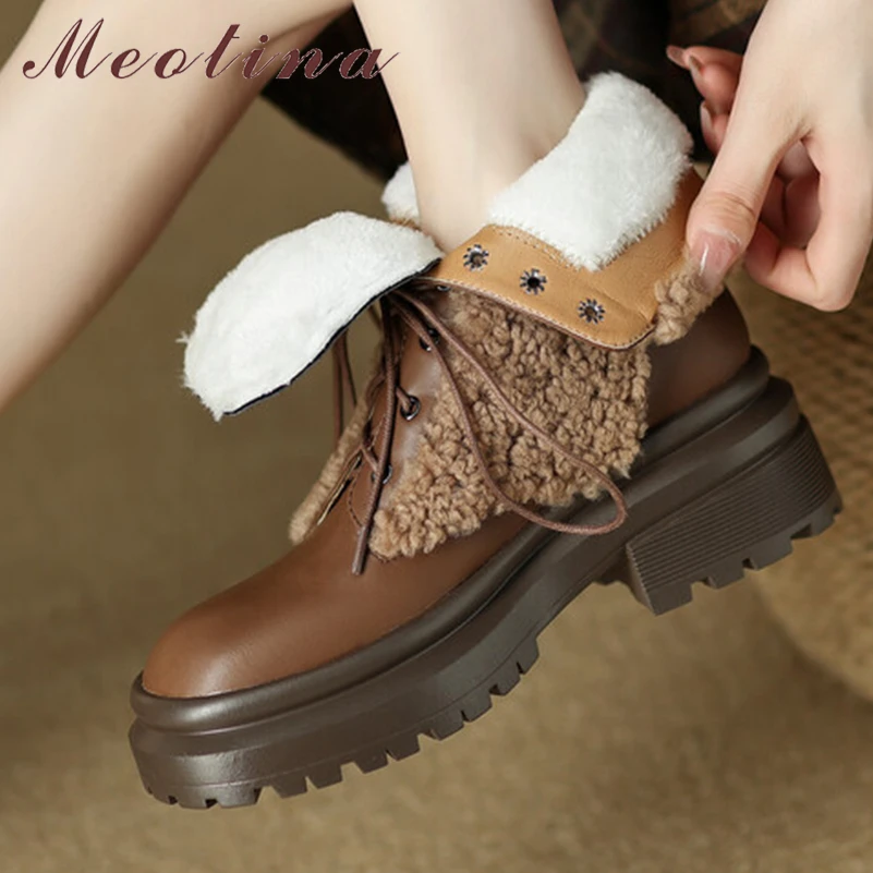 

Meotina Women Genuine Leather Ankle Short Boots Round Toe Thick High Heels Wool Platform Lace-up Combat Boot Ladies Shoes Winter