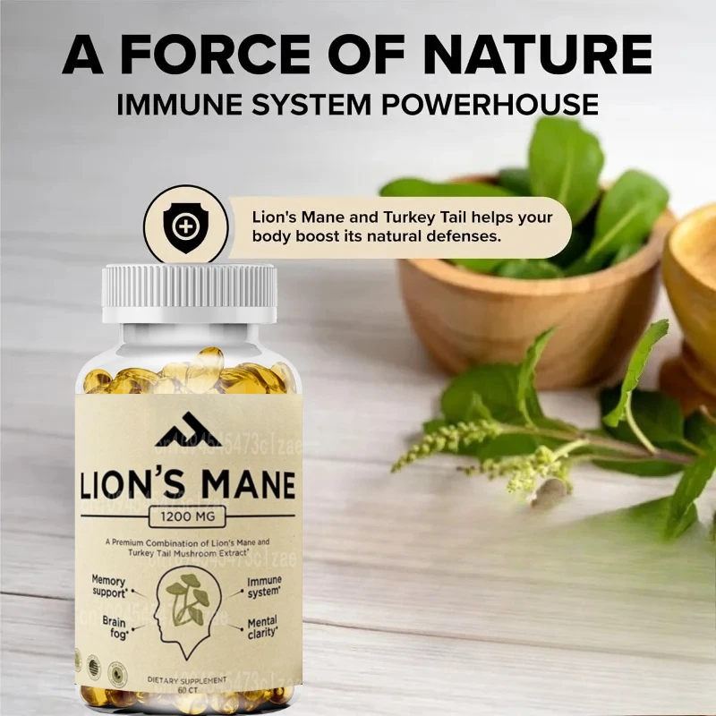 

Lion Mane Supplement Capsules with Turkey Tail - Non GMO 1200mg Lion Mane Mushroom Supplement, 60 Capsules